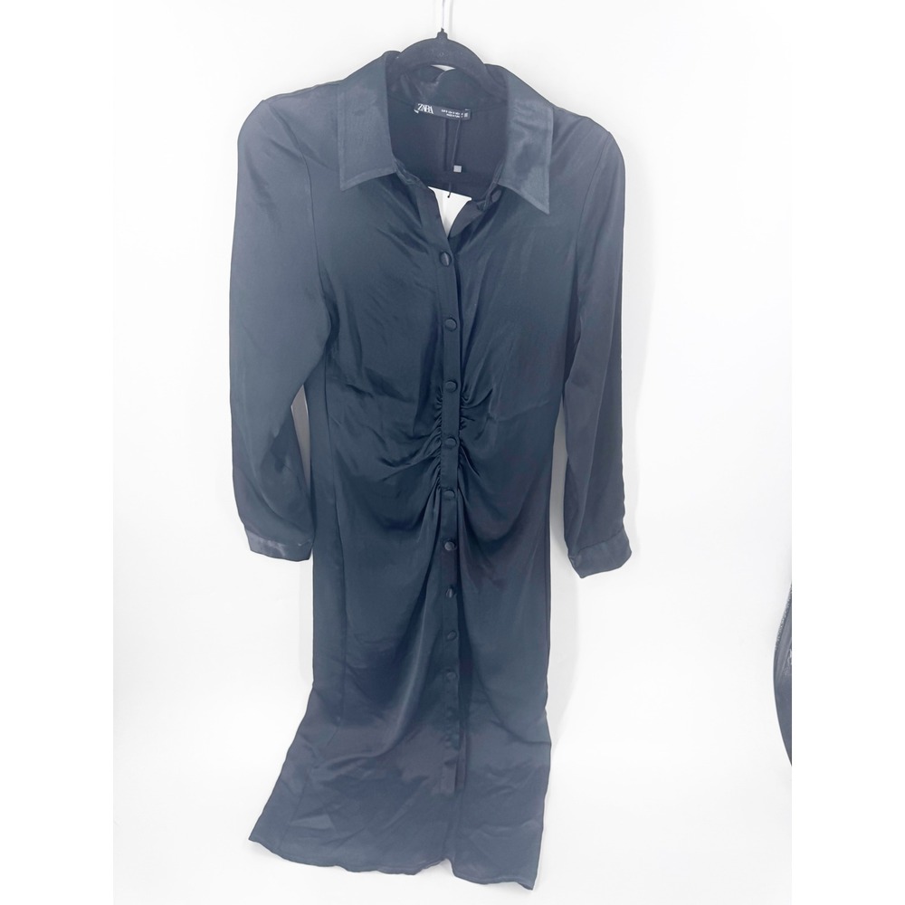 Zara Women Black Satin Ruched Button Down Midi Shirt Dress Long Sleeve Small NEW